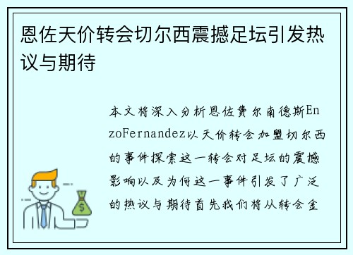 恩佐天价转会切尔西震撼足坛引发热议与期待